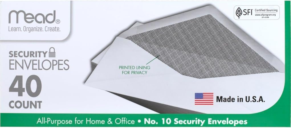 Mead #10 Envelopes, Letter Size, 4-1/8" x 9-1/2", Security Printed Lining for Privacy, Gummed Closure, Windowless, White All-Purpose for Home & Office Mail, 40 Count (75214)