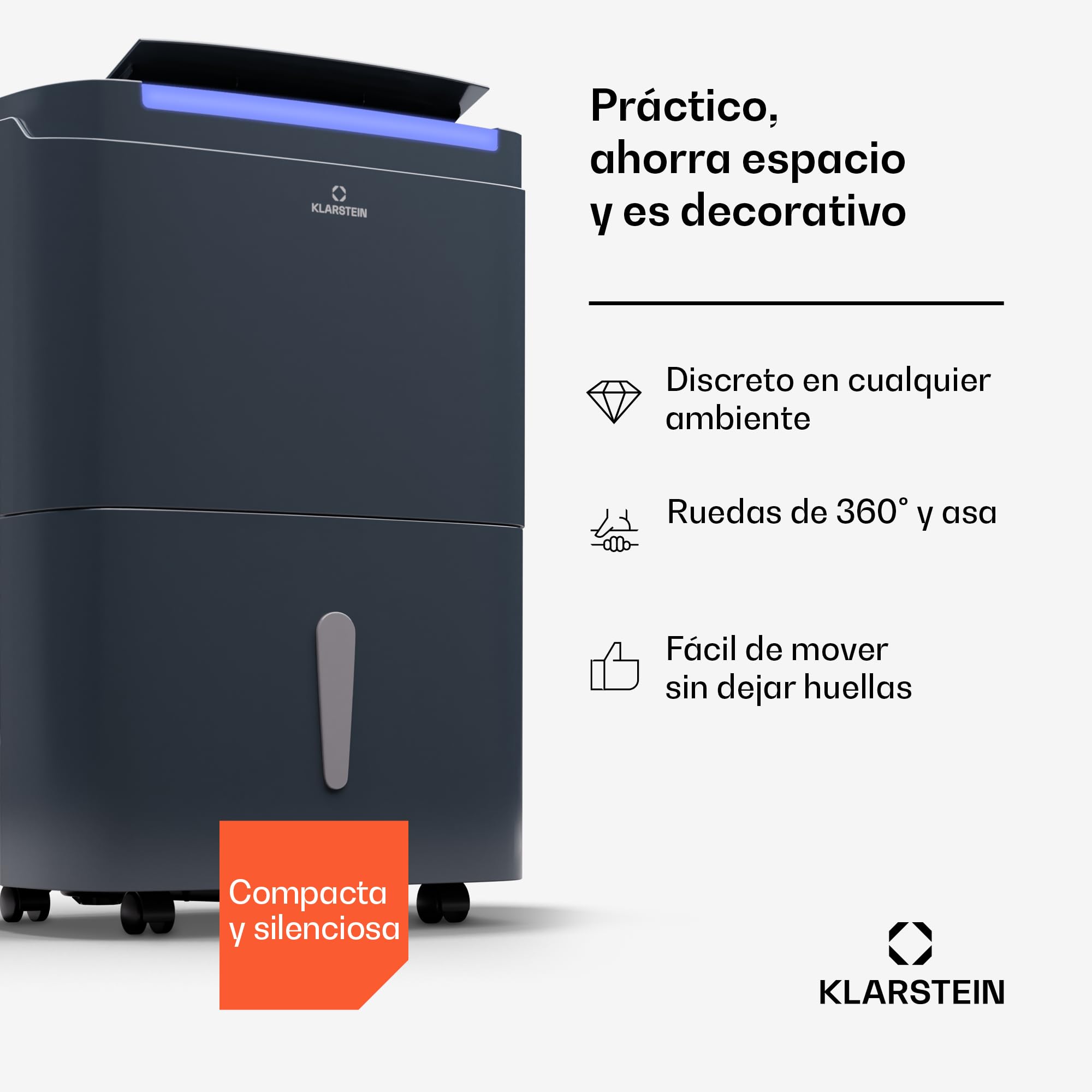 Klarstein DryFy Connect 50L Deshumidificador Inteligente, 50L/24h, WiFi App, Depósito 7L, Temporizador 24h, Desagüe Continuo, Portátil para Hogar, Habitaciones 45-55m², Antracita