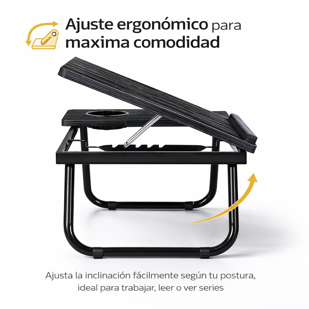 Mesa Reclinable para Cama y Sofá, Bandeja Plegable con Portavasos, Ideal para Ordenador Portátil y Libros, con Cinco Alturas, Mesita Auxiliar Multiusos de MDF, Acero y Plástico