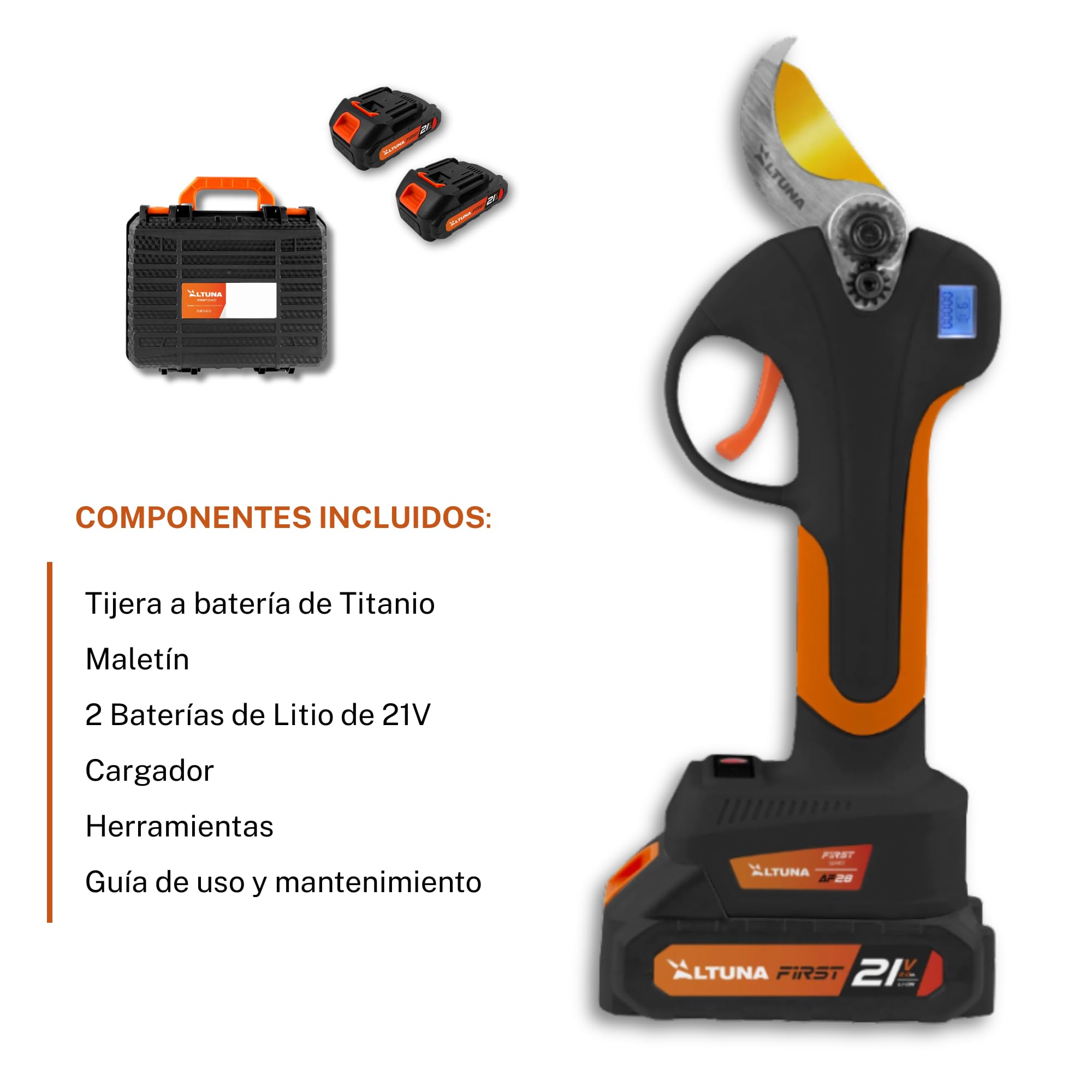 Altuna - Tijeras de Podar a Batería de Titanio - Motor Brushless - Corte 19/28mm - Con Pantalla Display - Incluye 2 Baterías 21V - Empuñadura Bimaterial - Maletín y Accesorios Incluidos - AF28