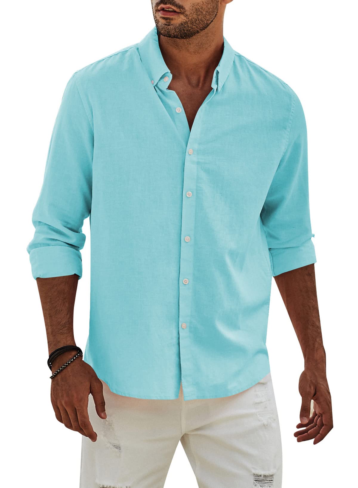 APOONABA Camisa Lino Hombre Manga Larga Color Sólido Shirts Casual Algodón Camisetas Elegante Coton Camisas con Botónes Regular Fit