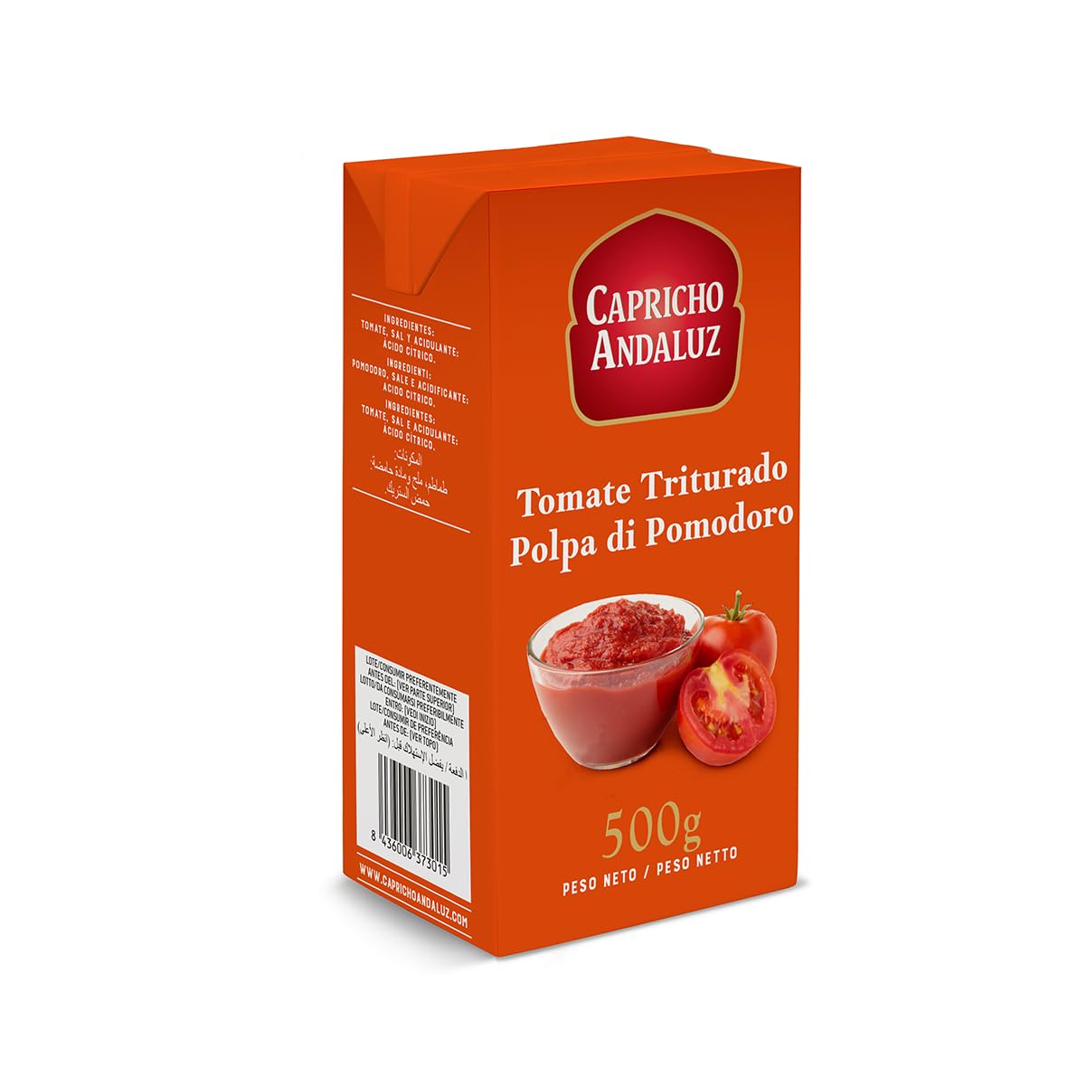 Capricho Andaluz - Tomate Triturado Natural Brik 500 g, Sabor Puro y Fresco, Sin Conservantes, Listo para Salsas, Guisos, Sopas y Recetas Caseras