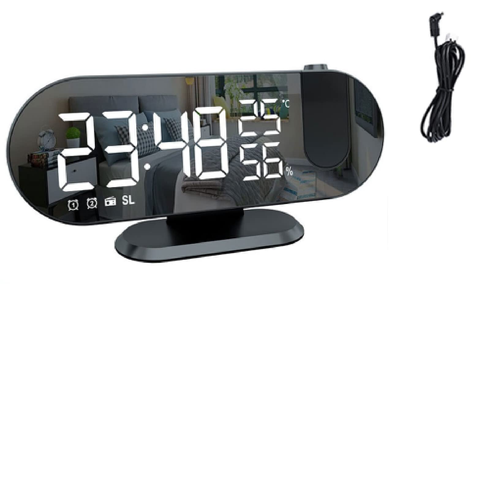 Reloj Despertador Inteligente Digital LED, Radio FM, Proyector De Tiempo De 180 °, Función De Repetición, Reloj Despertador, Reloj Electrónico De Despertador USB De Escritorio,Blanco