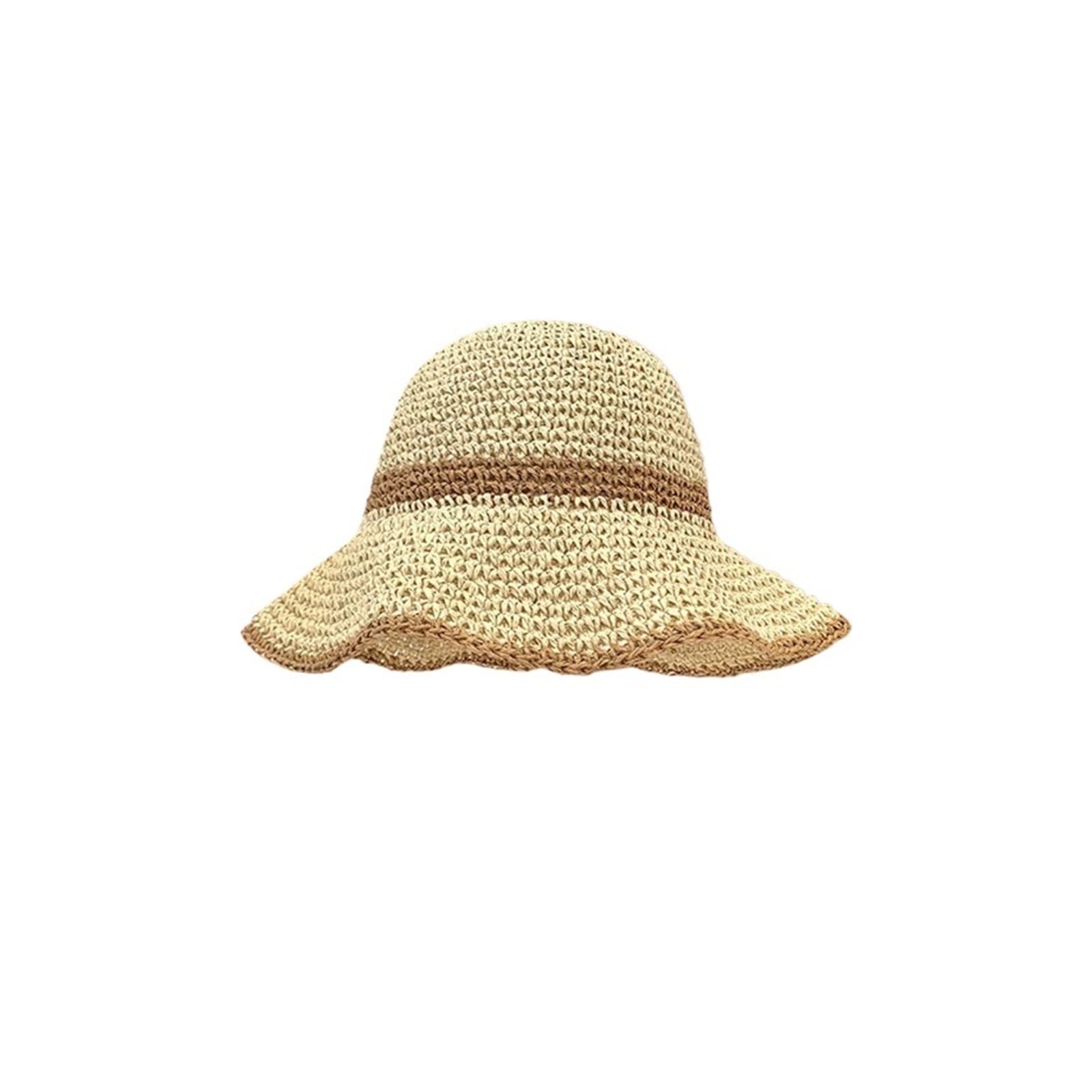 Sombrero de paja con ala ondulada for mujer, estilo cubo plegable ancha for playa, exteriores y verano