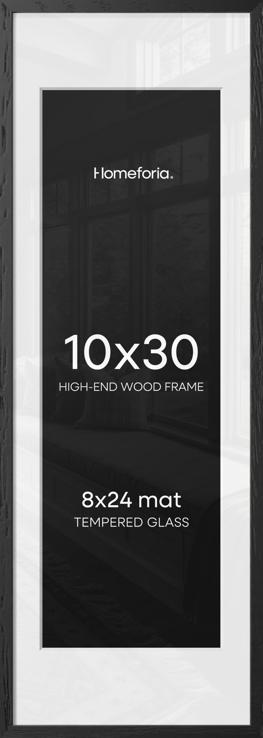 Homeforia 10x30 Black Oak Picture Frame, High-End Wood, 8x24 Mat, Glass | High End Solid Oak Wood, Tempered Glass, Acid-Free 8x24 Removable Mat, 10x30 Edge-to-Edge Display 30x10, Wall Kit, Set Of 2
