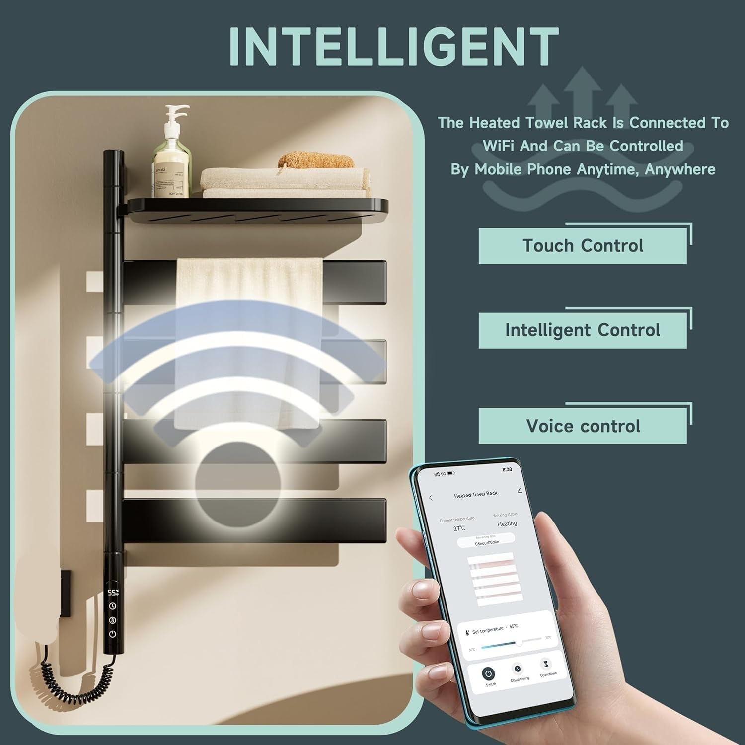 Scalo Asciugamano, 80W portaasciugamani riscaldati a Parete con Display a LED, Controllo temporaneo 30-70 °C, Timer 1-9h, IPX4 Impermeabile, 5 Livelli per Il Bagno