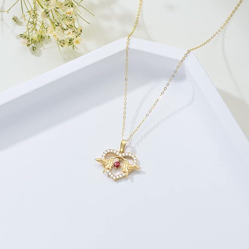 Vista 4 de Collar de corazón de oro de 14 quilates para mujer, collar con dije de corazón de colibrí de oro amarillo real con rubí bailarín, para niñas, damas