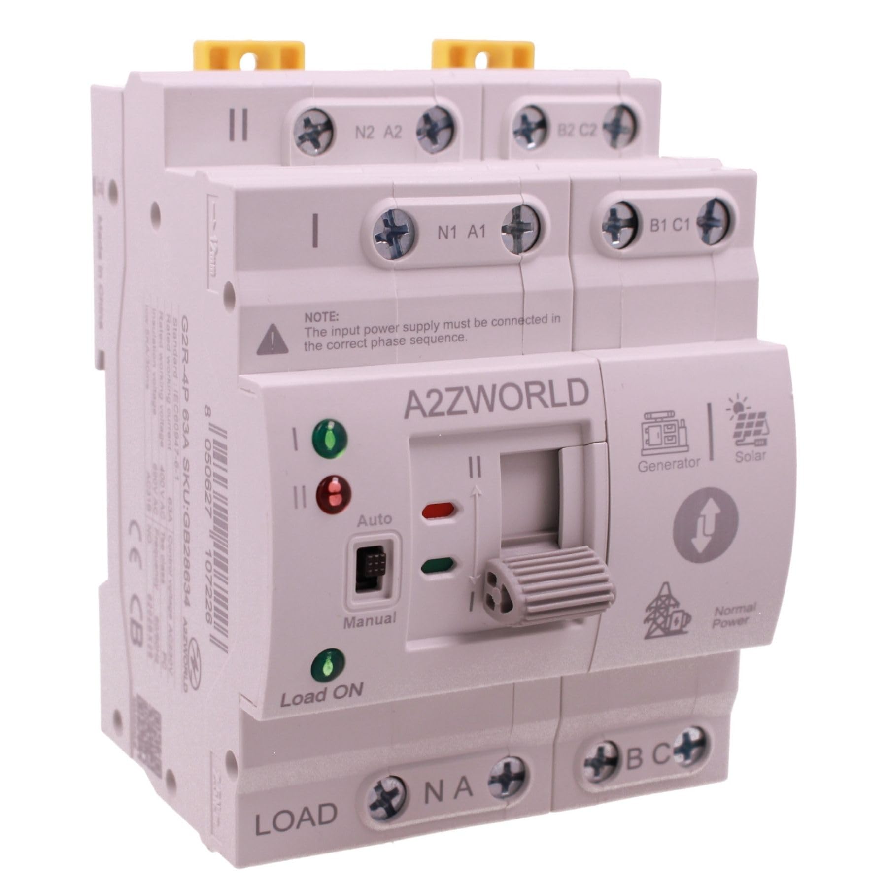 A2ZWORLD Interruttore di Trasferimento Automatico, ATS Modulare 4P AC400V 63A, Commutatore di Trasferimento Automatico Fotovoltaico, Occupa 4 Moduli Barra DIN