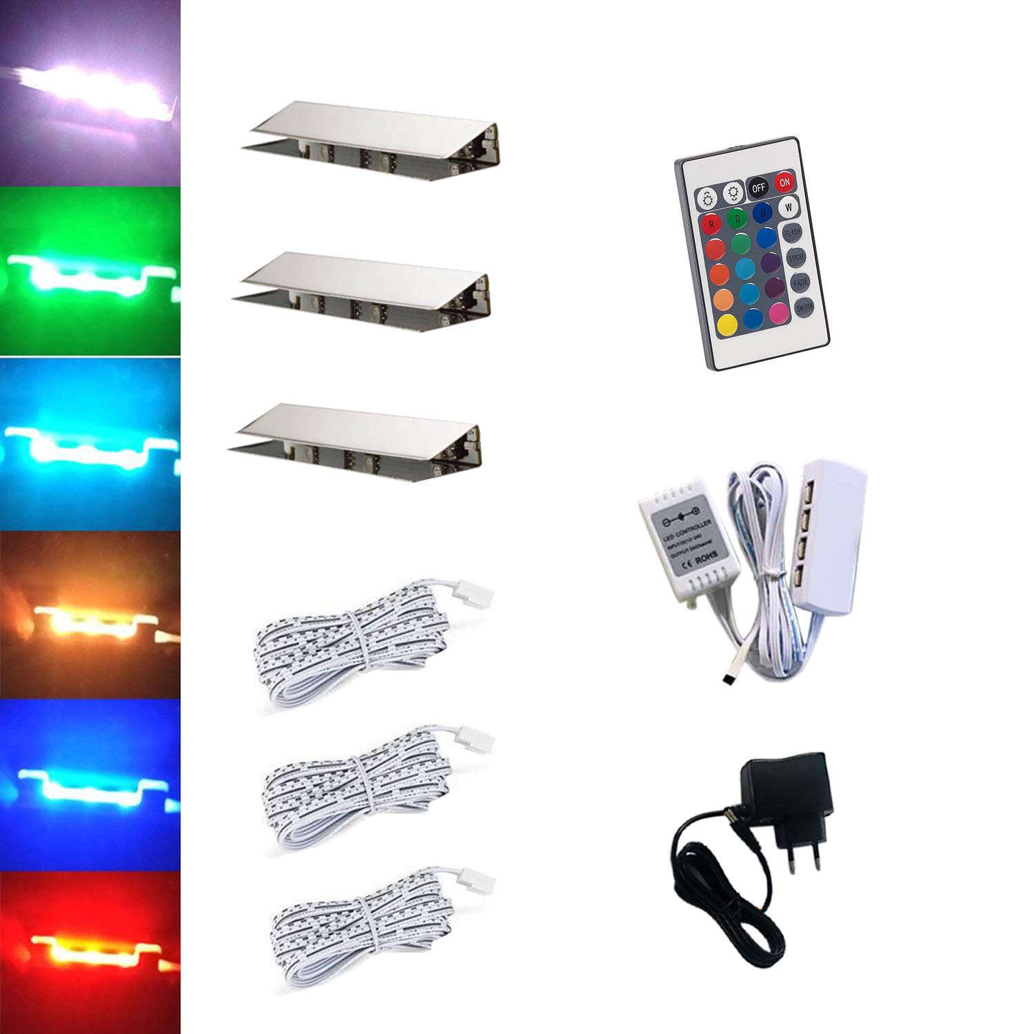 ACCE LED RGB Glaskantenbeleuchtung Glasbodenbeleuchtung Vitrinenbeleuchtung Clip Glas höchste Qualität Spiegel Edelstahl (3er)