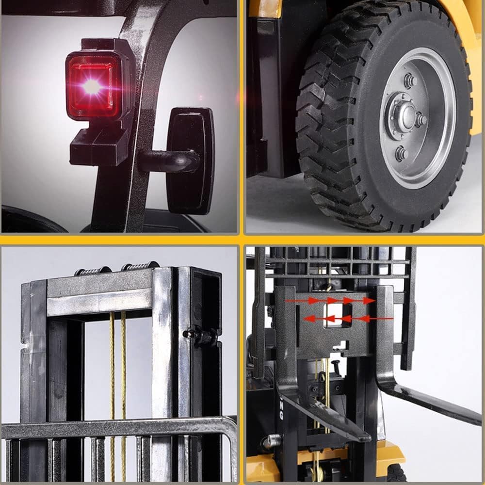 Цлосе-уп views of the RC forklift's features: rear light, tire tread, mast mechanism, and adjustable forks.