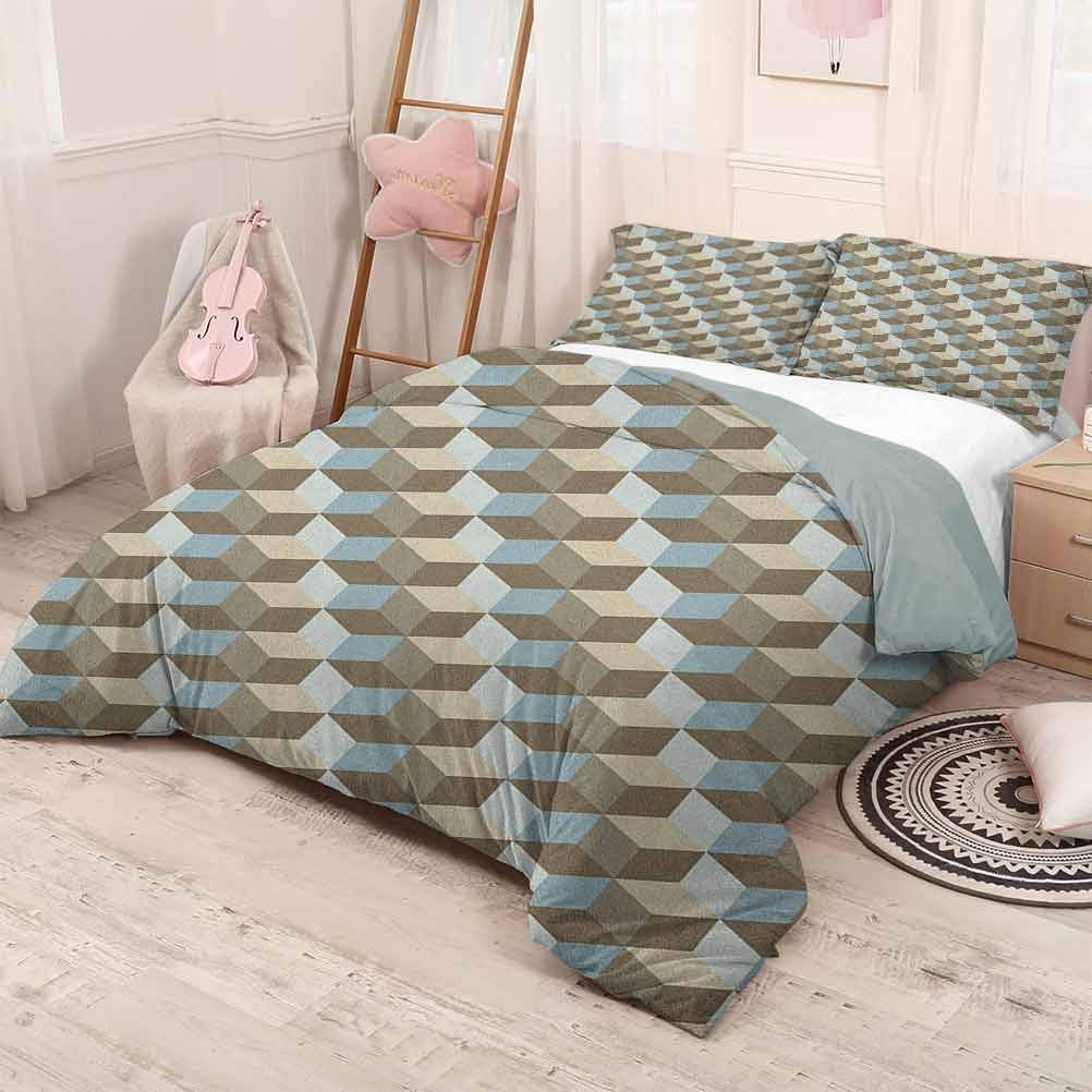 prunushome Geometric Bedding Quilt SetAbstract Three Dimensional Effect with Cubes Pattern Contemporary Art Printing Bedclothes Decor Baby Blue Umber Cream 90x90in/20x30inx2