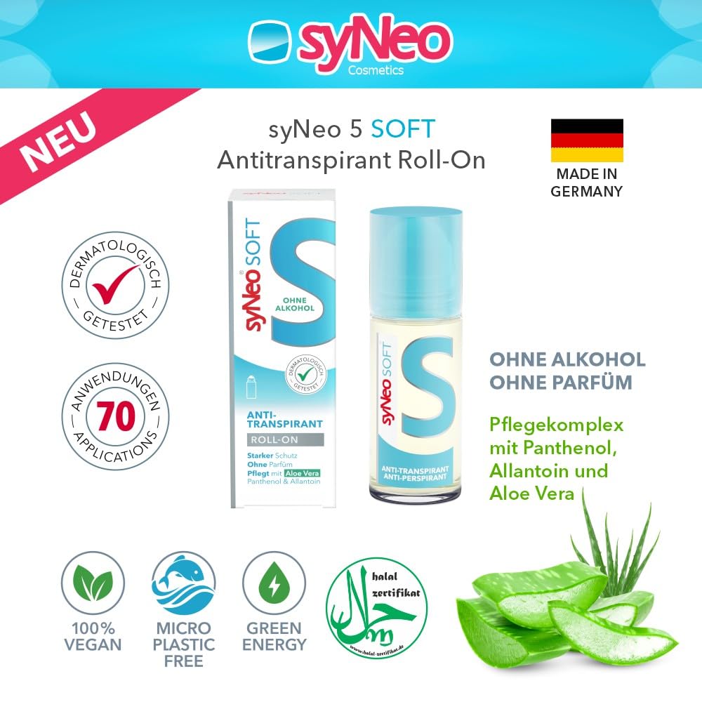 syNeo 5 soft Antitranspirant Roll-On – für empfindliche Haut – sensitiver Deo Roller gegen Schwitzen – dermatologisch getestet – Halal & ohne Alkohol - mit Aloe Vera – Made in Germany – 50 ml