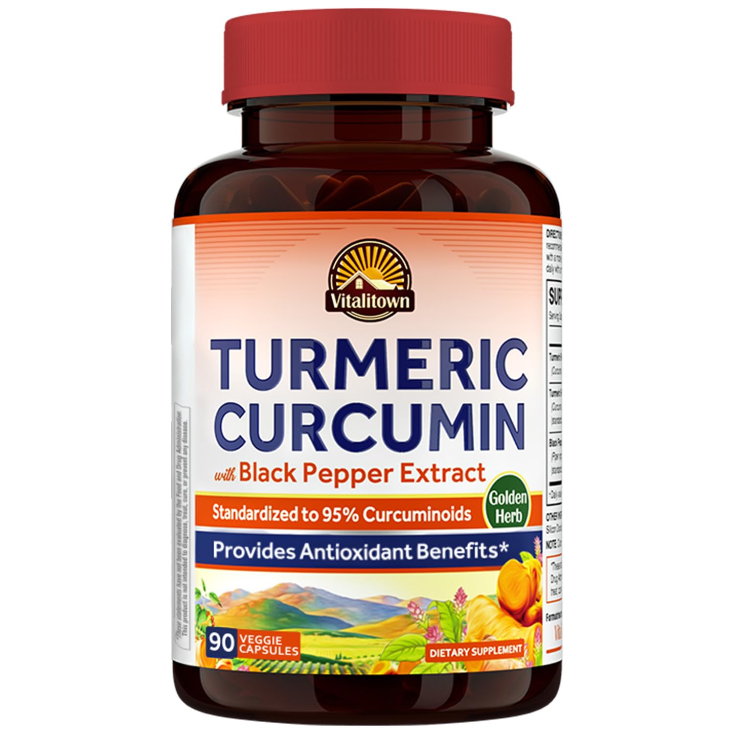 Vitalitown Turmeric Curcumin Root + Black Pepper, 1800MG, India Grown, 95% Standardized Curcuminoids, Ultra Potency, 2000% Absorption, No Lead or Gluten, Vegan Support, 90 ct