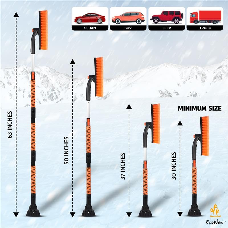 Image of EcoNour 63 inch Extendable Snow Brush & Ice Scraper with 360 Pivoting Head | | Telescopic Aluminum Handle | Extra Long Snow Brush for Car Windshield, Roof & SUVs | Heavy Duty Ice Scraper for Trucks