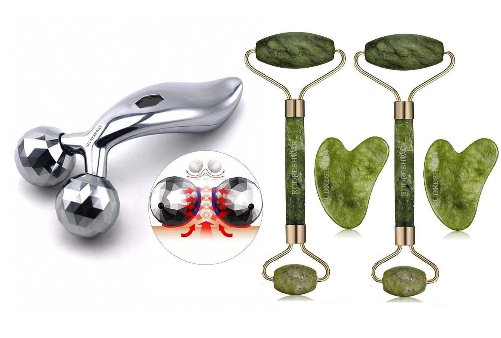 3D Manual Roller Face Body Massager With And Anti Aging 100% Natural Jade Stone Roller Msagger With Gua Sha Tools For Face And Body Massager