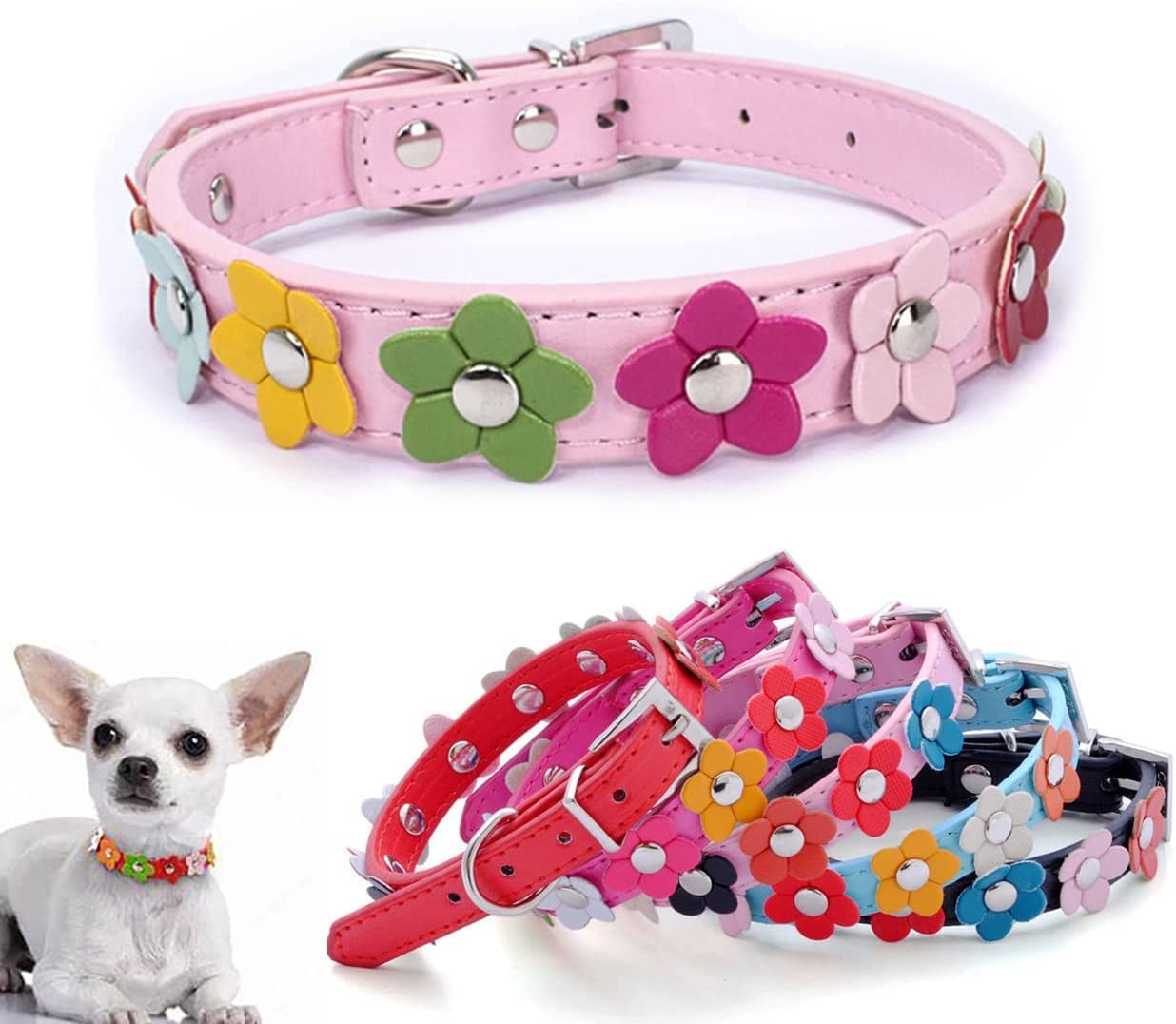 Collar de perro con flores de piel suave ajustable para cachorros gatos pequeños medianos grandes