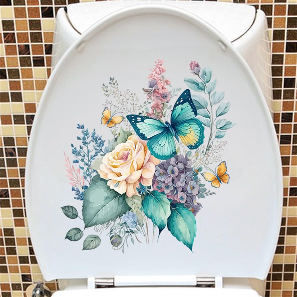 Autocollant Déco Pour Abattant WC - Motifs Papillon, Fleur, Herbe - 30x30 Cm, PVC Amovible