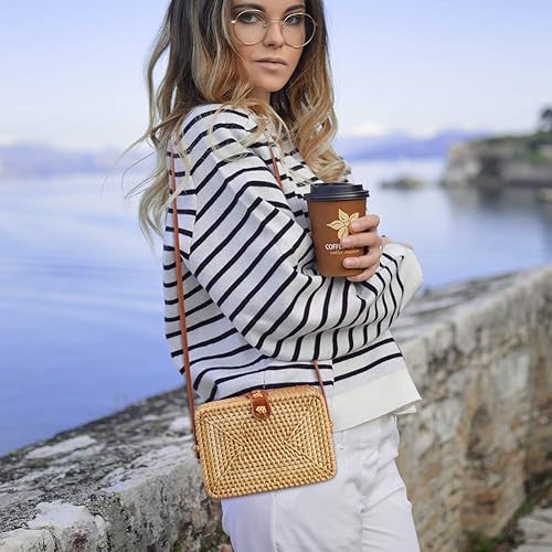 Miniatura 6 de CrazyPiercing Bolso cuadrado redondo de mimbre de la rota del Crossbody del bolso del bolso del boho de las mujeres bolso