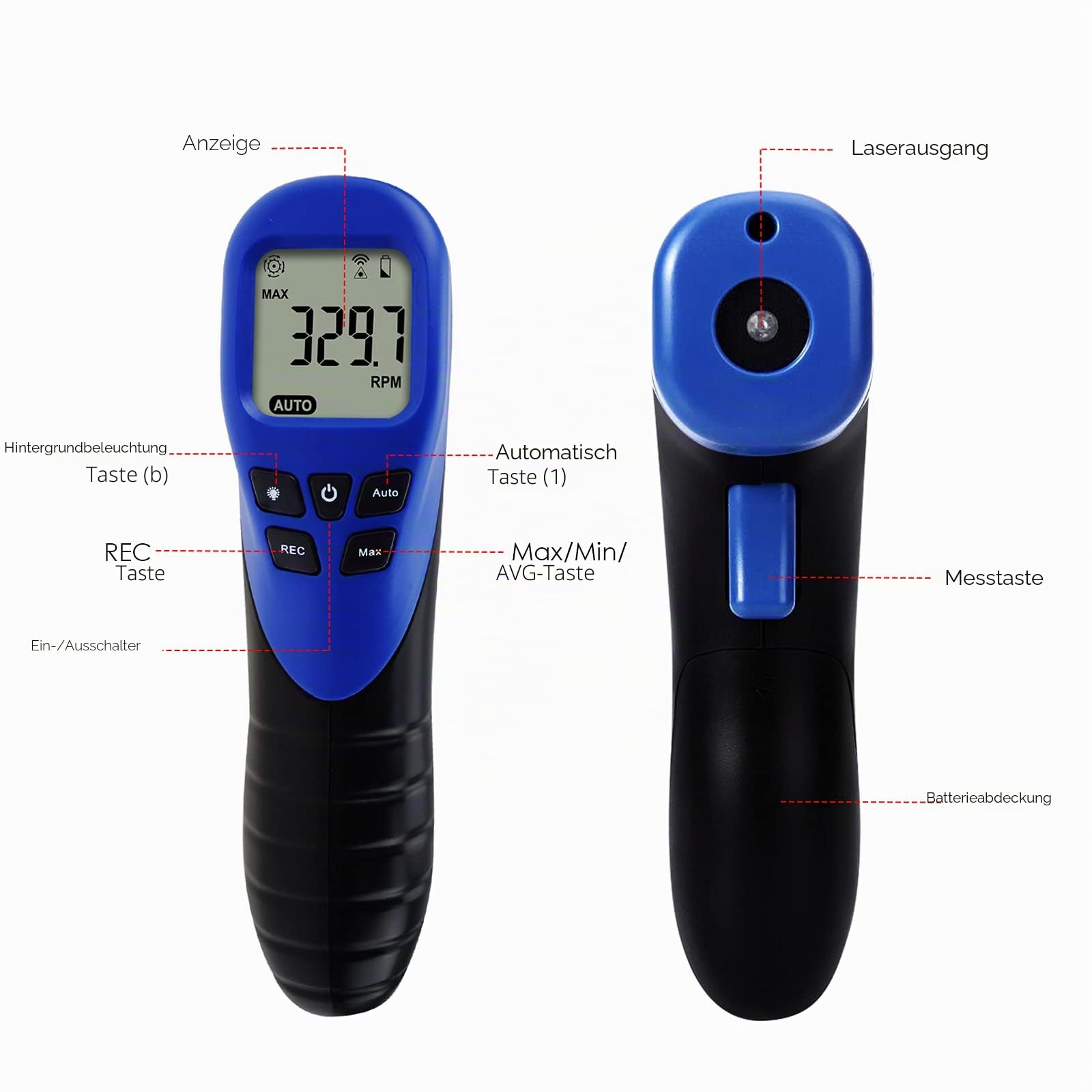 Digitaler berührungsloser Foto-Drehzahlmesser, Laser-Drehzahlmesser mit Datenaufzeichnungsfunktion, reflektierende Bänder, Messbereich: 2,5–99999 U/min