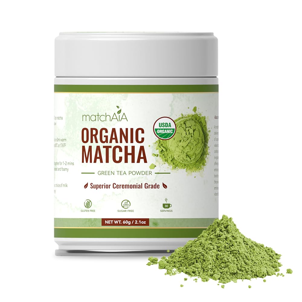 MatchAiAOrganic Ceremonial Matcha Green Tea Powder - Superior Ceremonial Grade, First Spring Harvest, USDA Certified, 100% Pure - Sugar Free, Gluten Free (60g / 2.1oz Tin)USDA Organic