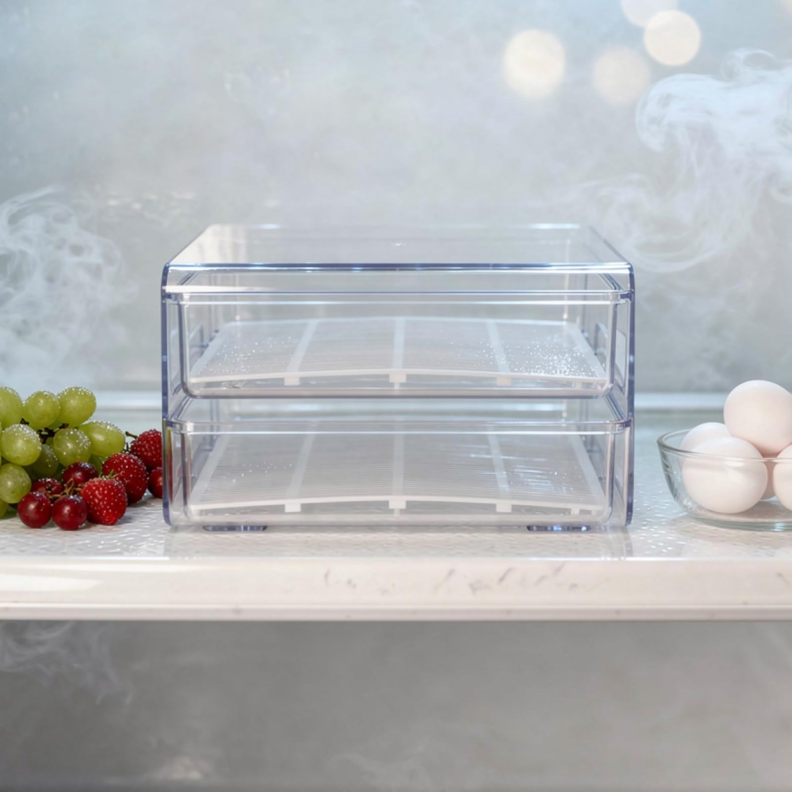 Dwuwarstwowy organizer na lodówkę 9,7 x 21 x 14 cm, przezroczysty pojemnik do układania w stos, z deską odpływową i ochroną jajek na owoce, warzywa