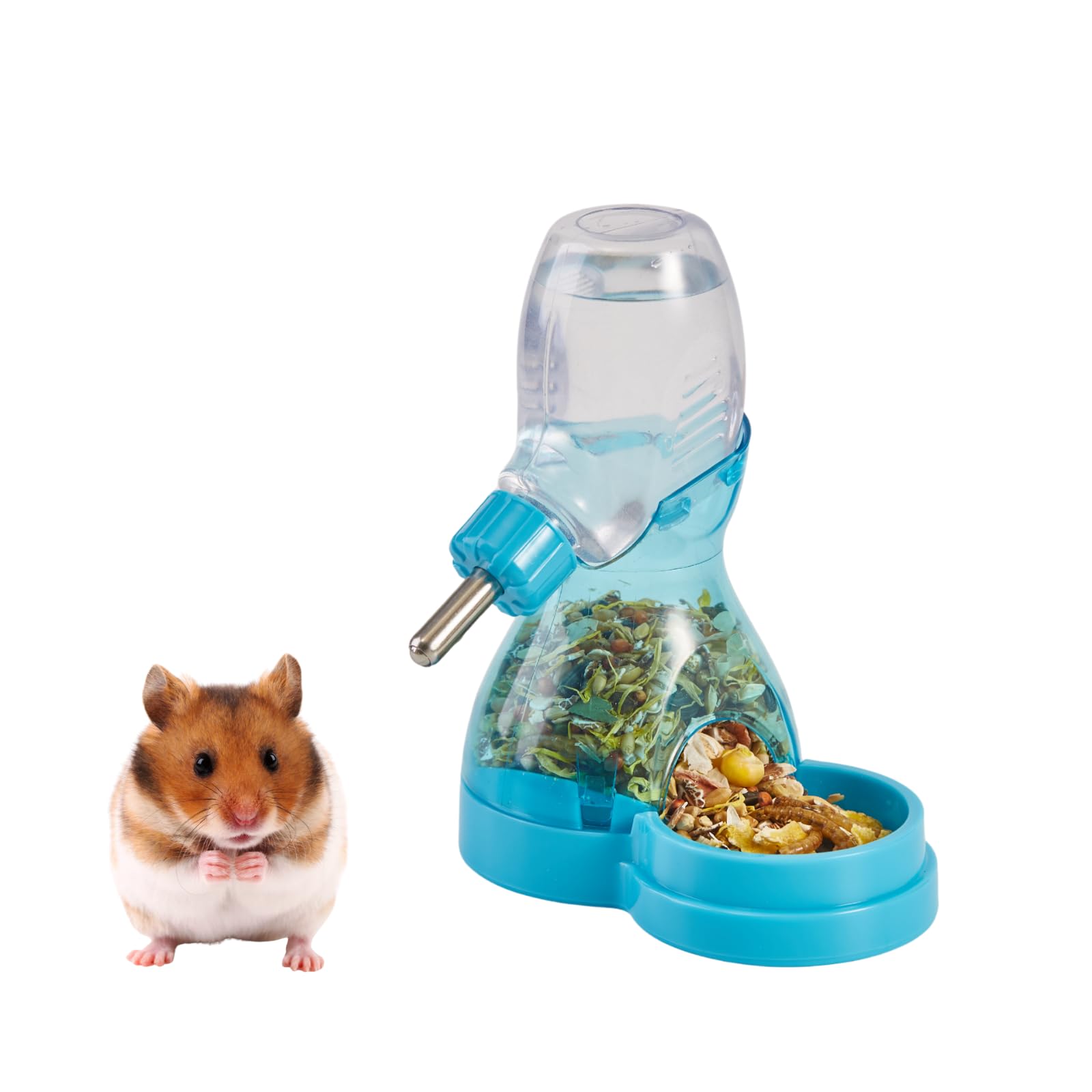 2 in 1 Hamster Water Bottle No Drip with Large capacity Automatic Food Dispenser Small Animal Feeder for Syrian Dwarf Hamster Mouse Rat Degu (Blue, 90ml)