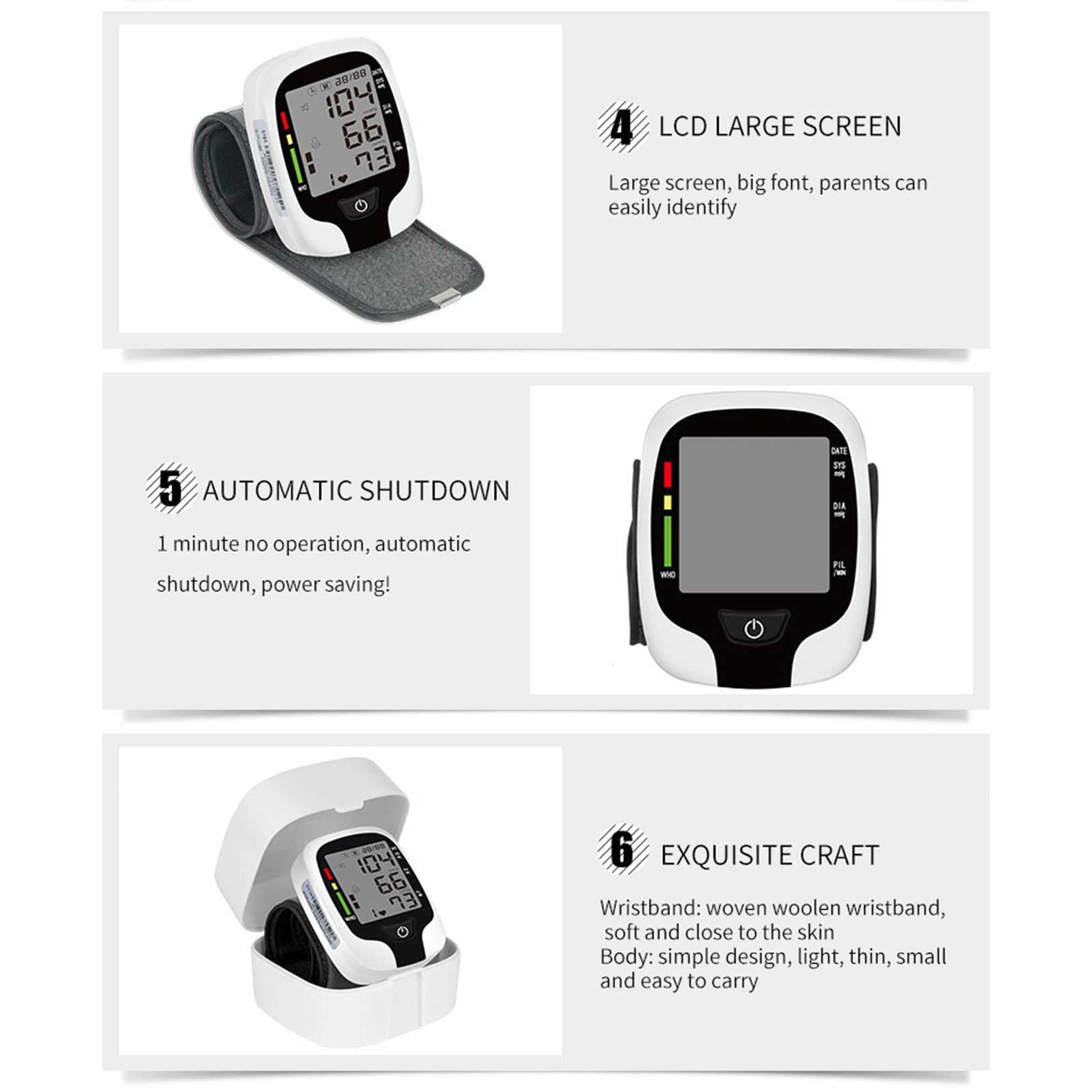Ciśnieniomierz, ciśnieniomierz nadgarstkowy, transmisja głosu, monitorowanie tętna, duży ekran LCD HD, automatyczny przyrząd do pomiaru ciśnienia krwi