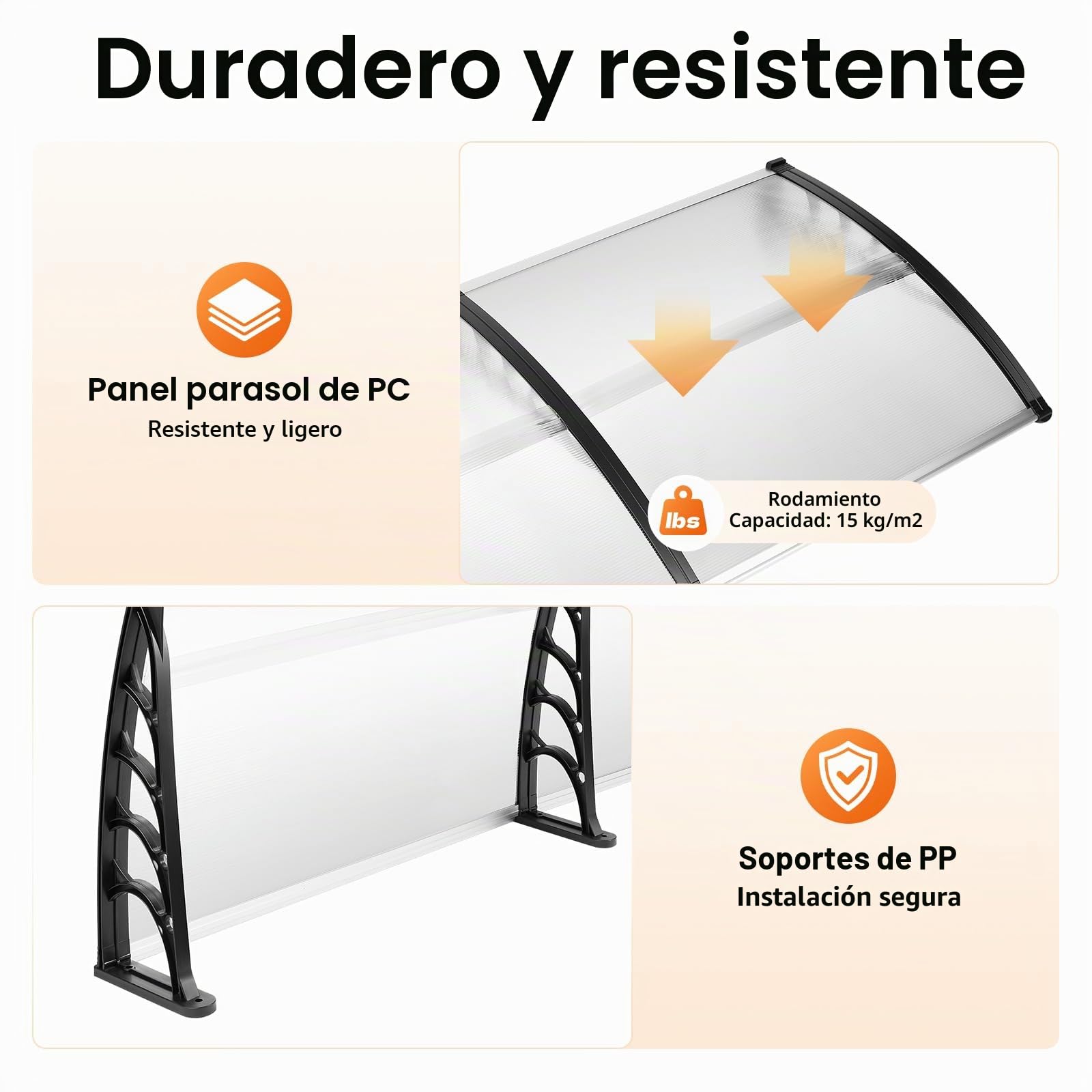 Marquesina para puerta de casa, 200 x 90 cm, de aluminio y policarbonato, toldo transparente para puerta de casa, toldo para puerta, ventana, porche, color gris