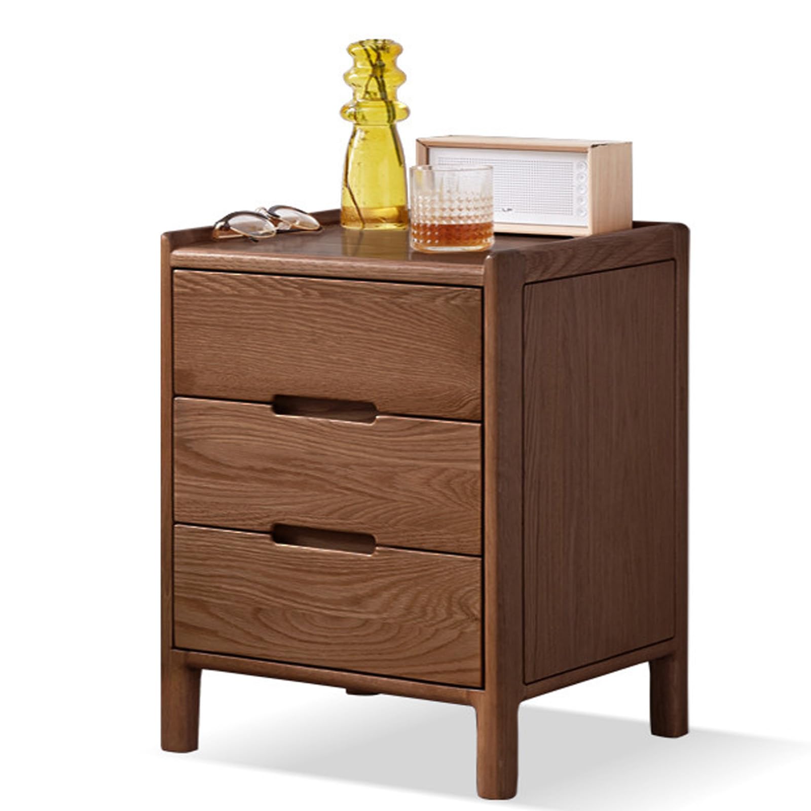 SXZenSpace Solid Oak Wood Nightstand, Mid Century Modern Office Small Bedside Table, Wooden Table with Drawers, Side End for Bedroom, Living Room,3 Drawers (B),45cm