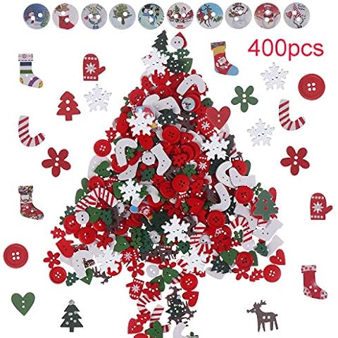400 Pieces Christmas Wooden Buttons Mixed Wood Sewing Buttons with Christmas Pattern and Colors Art Craft Buttons for Handmade Project Cover