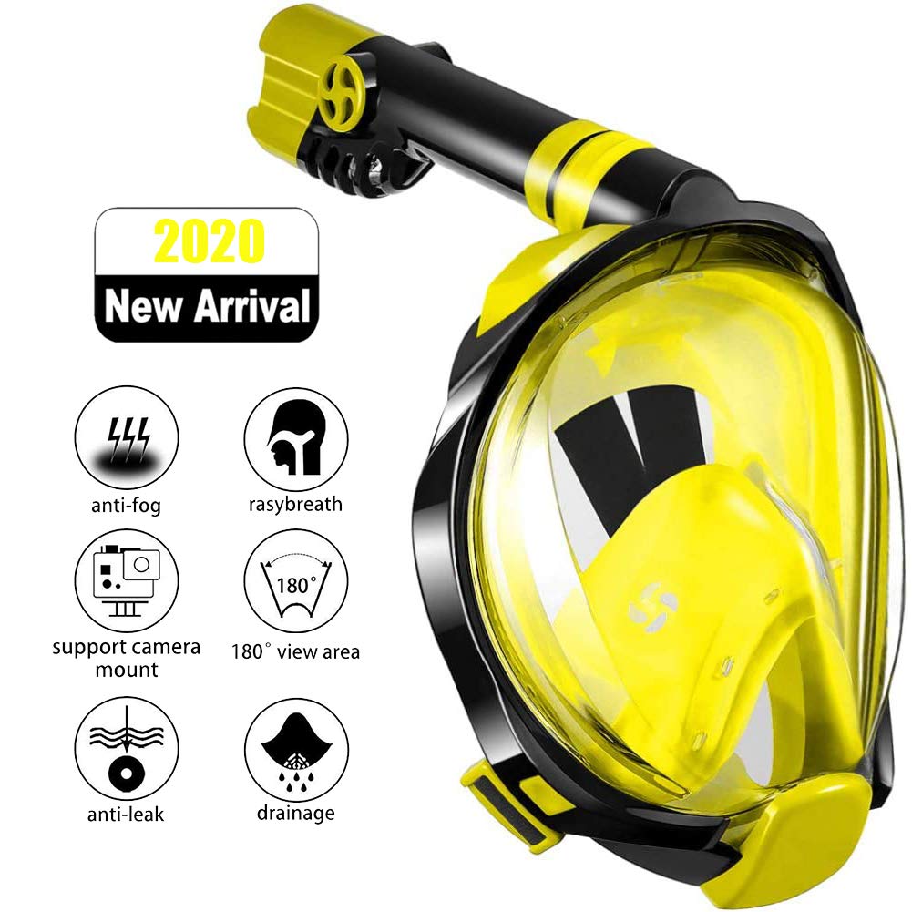 POEO Full Face Snorkel Mask, Foldable 180° Panoramic View Free Breathing Snorkeling Mask, Anti-Fog Anti-Leak, for a Safe Adults/Kids Snorkeling Experience,Yellow,S/M