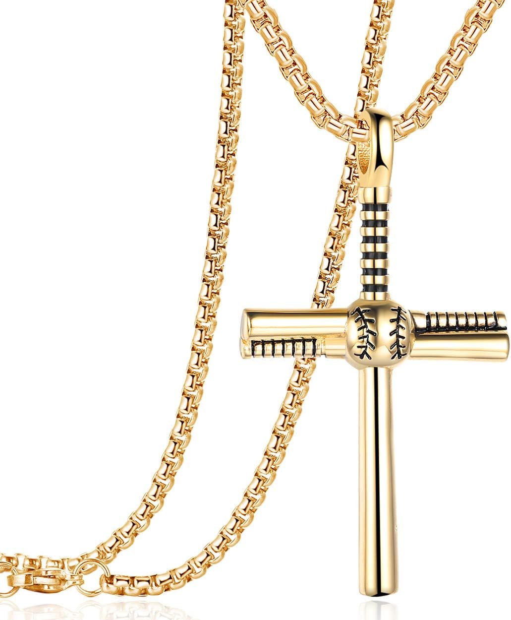 Rehoboth Baseball Bat Cross Pendant Necklace for Men Women With 24" Stainless Steel Chain Black Gold Silver