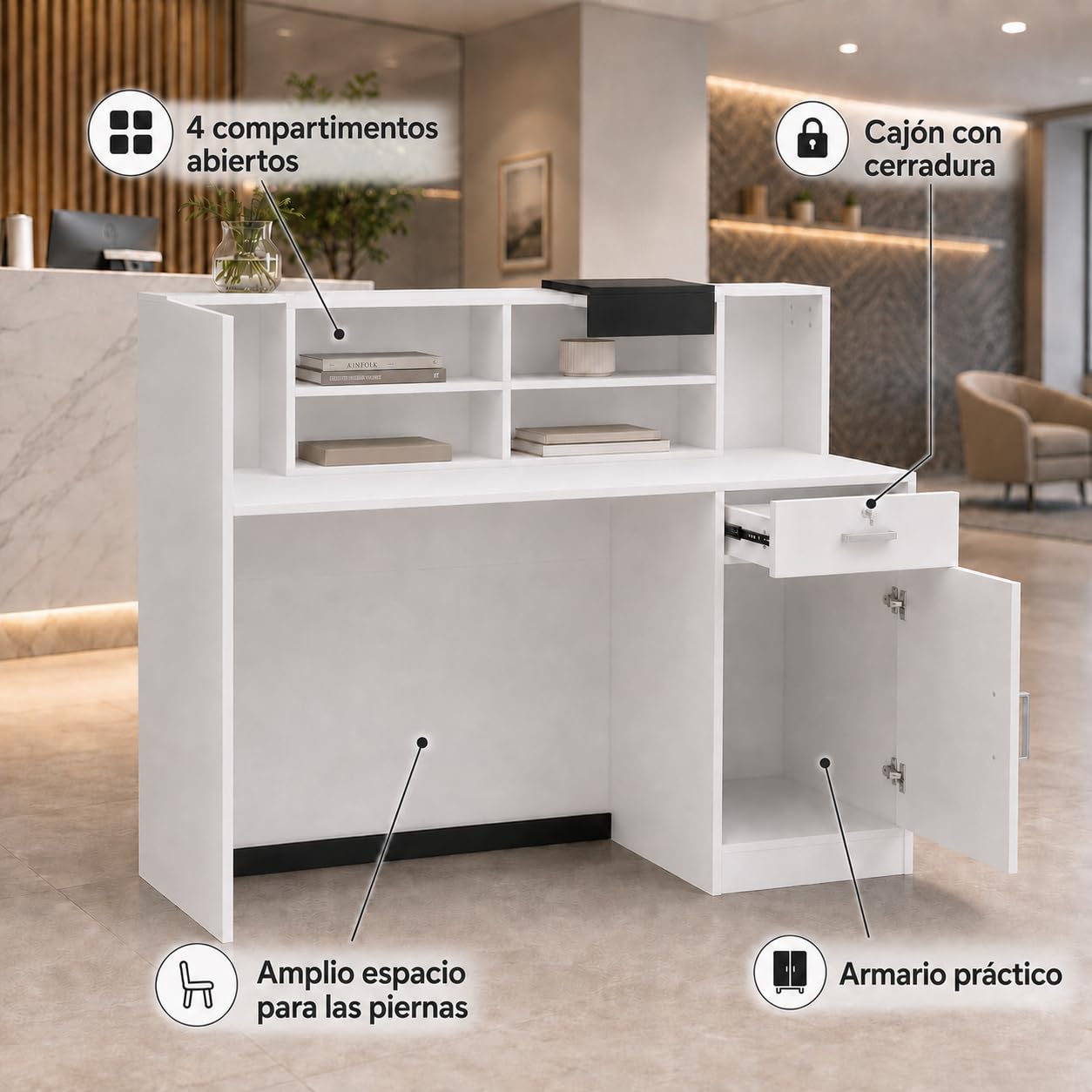 Mostradores de recepción, mostradores de recepción, mostrador de recepción con estante extraíble, mostrador de recepción, mostrador de recepción con placas decorativas negras, muebles de