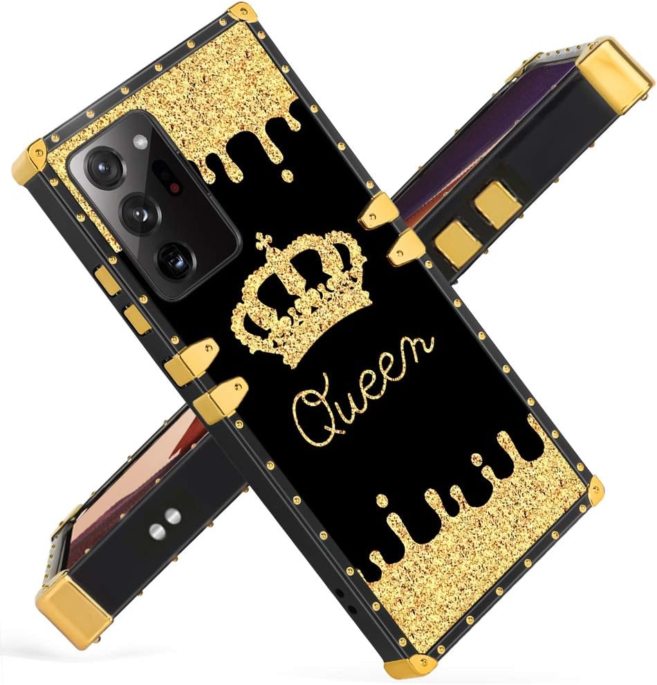 Fiyart Designed for Samsung Galaxy Note 20 Ultra 5G 6.9 inch 2020 Case Golden Queen Crown Luxury Square Soft TPU and Hard PC Back Stylish Retro Cover