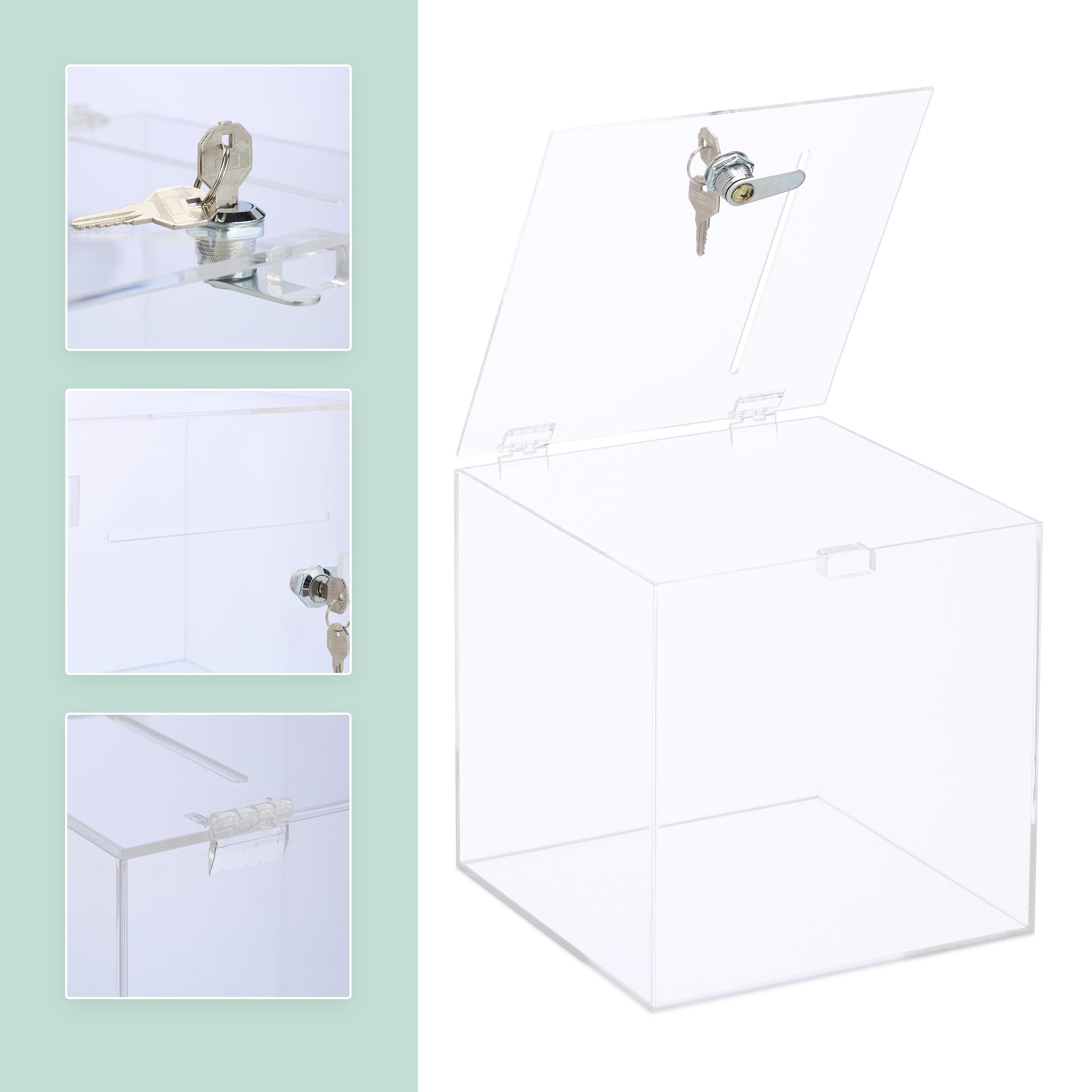 Relaxdays Caja de sorteos, acrílica, cerrable, 2 Llaves, Tapa abatible, 20 x 20 x 20 cm, Transparente