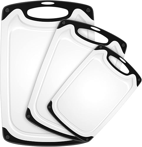 Tabla de cortar de plástico, 3 tablas de cortar aptas para lavavajillas con ranuras para jugo, mango de fácil agarre, antideslizante, con área de