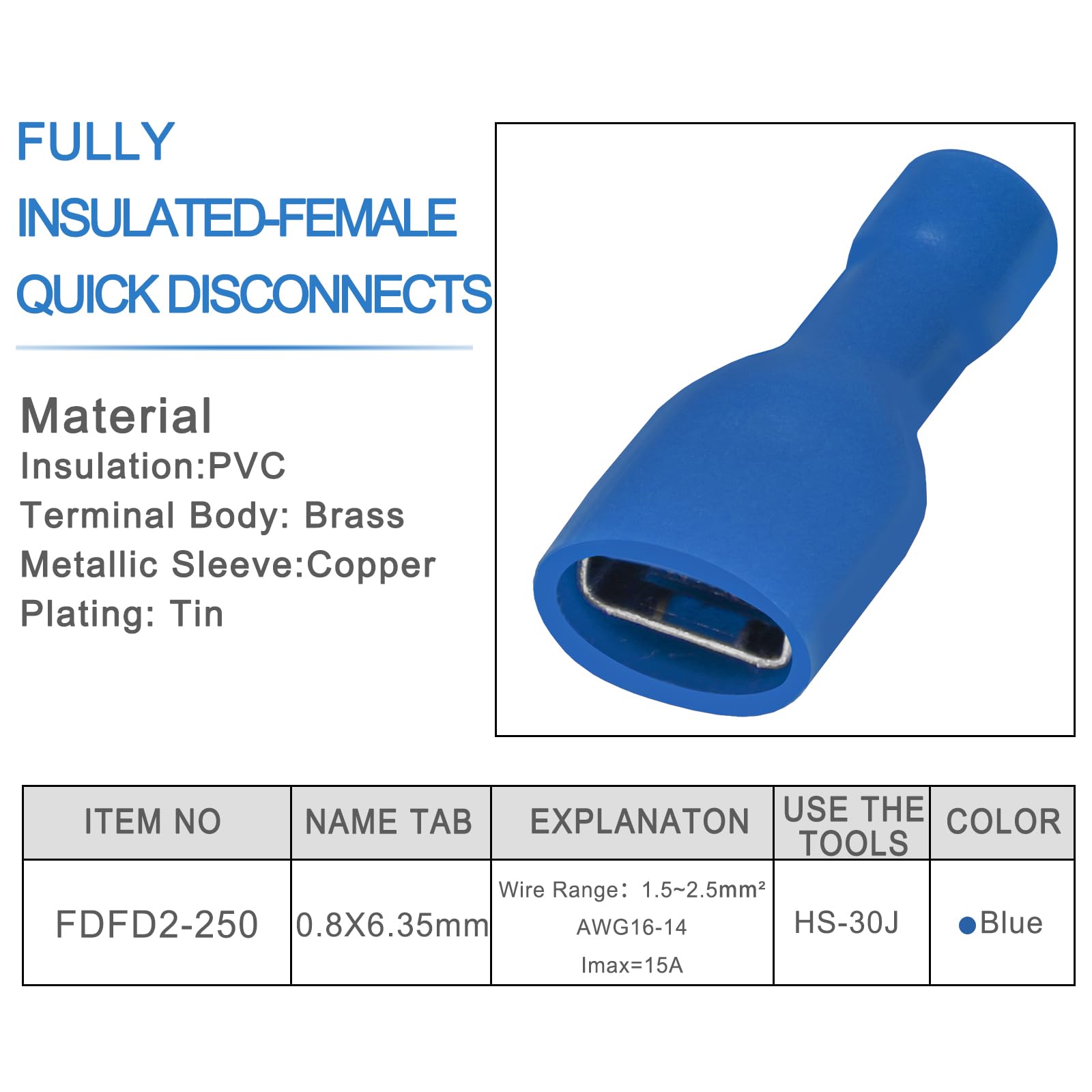 GVSS 60 Terminali Femmina A Disconnessione Rapida 6,3×0,8mm – 30 Rossi E 30 Blu Per Cavi 0,5-2,5 Mm²