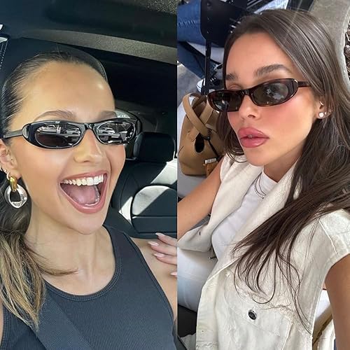 Miniatura 7 de JUDOO Gafas de sol ovaladas delgadas para mujer, estilo retro, estrechas, pequeñas gafas de ojo de gato, color negro