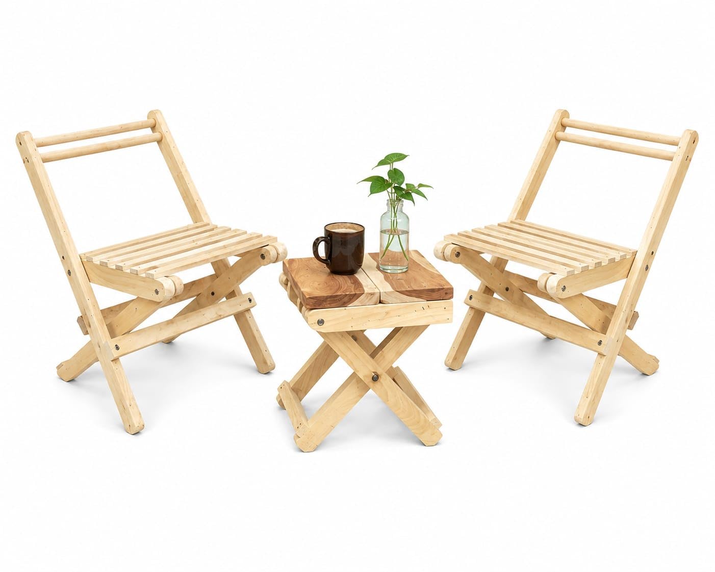 Solid Wood Folding Chair & Tea Table Set (3 Pieces) | 2 Foldable Wooden Chairs + 1 Coffee Table | Balcony, Patio, Garden, Terrace, Café & Living Room Furniture | Premium Natural Wood Finish-image-12