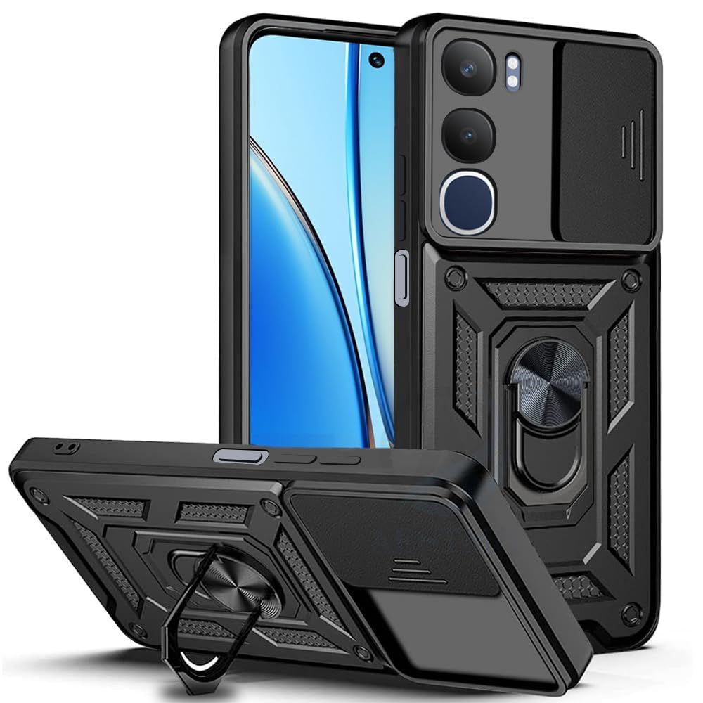 AIBEX® Back Cover for Vivo Y29 5G | D10 Tough Armor Case | Sliding Camera Shield | 360° Protection | Kickstand Ring Holder | Military-Grade Shockproof Bumper Case