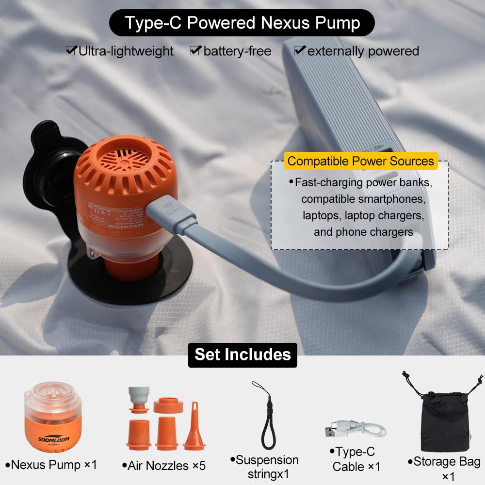 Soomloom Nexus Pompe à air micro électrique Gonfleur/dégonfleur ultra-compacte de type C pour matelas de camping et équipement d'extérieur