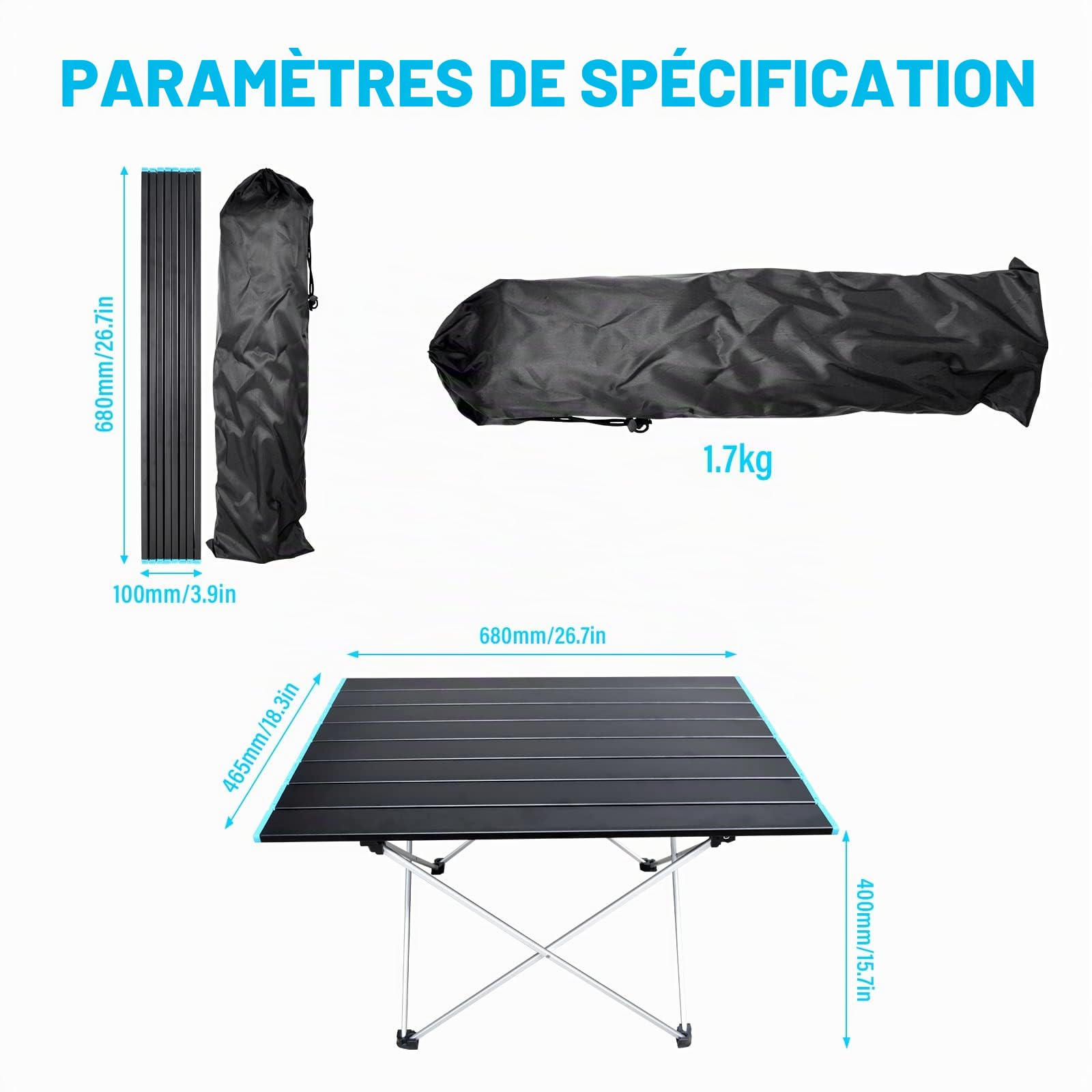 RIGIDON Table Pliante Camping, 68 x 46cm Aluminium Portable Folding Table | extérieure portative mini carree petite table, pour les activités en plein air, pique-nique, cuisine, plage, randonnée
