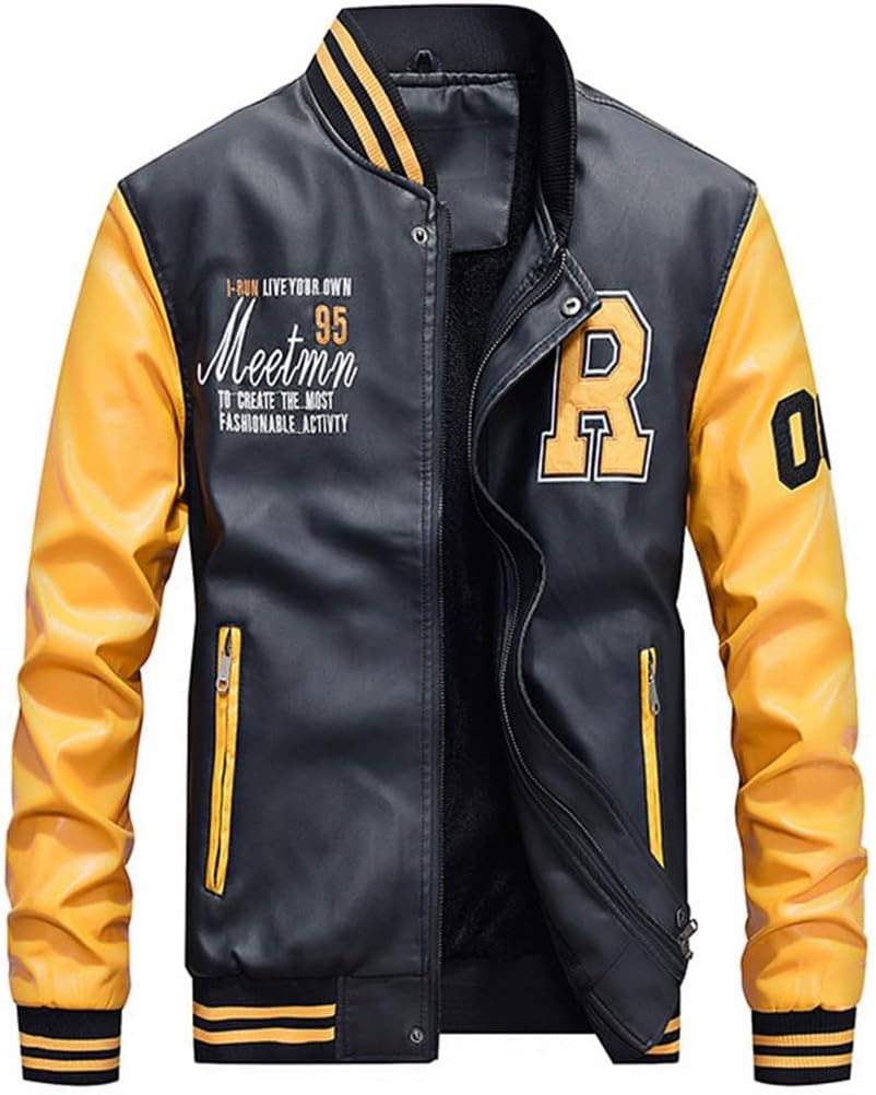 Lavnis Men's Faux Leather Jacket Casual Baseball Stand Collar Slim Fit Coat