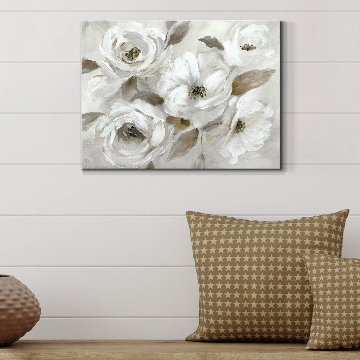 Renditions Gallery Canvas Floral Wall Art Home Paintings & Prints White Elegant Gloom Abstract Art Wall Hanging Pictures for Bedroom Dining Living Room Office Home Kitchen Modern Decorations - 12"x18"
