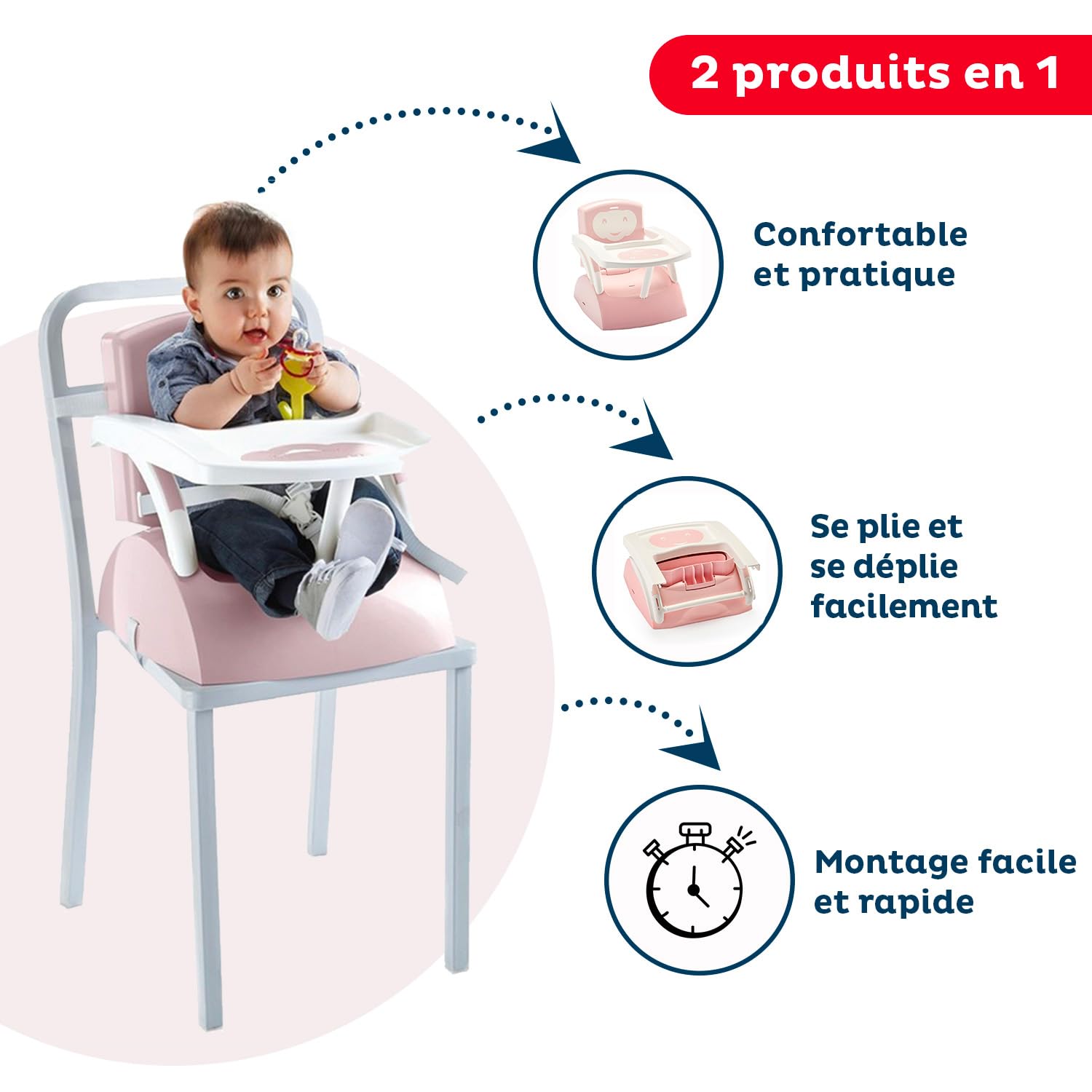 THERMOBABY Chair Booster - puderrosa | Sitzerhöhung mit abnehmbarem Tablett und 3-Punkt-Gurtsystem, erweiterbar zum Kindersessel. Ab 6 Monaten bis 15 kg.