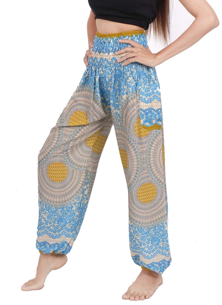 Banjamath® Women's Smocked Waist Harem Hippie Boho Yoga Palazzo Casual Pants, Mandala White, Large
