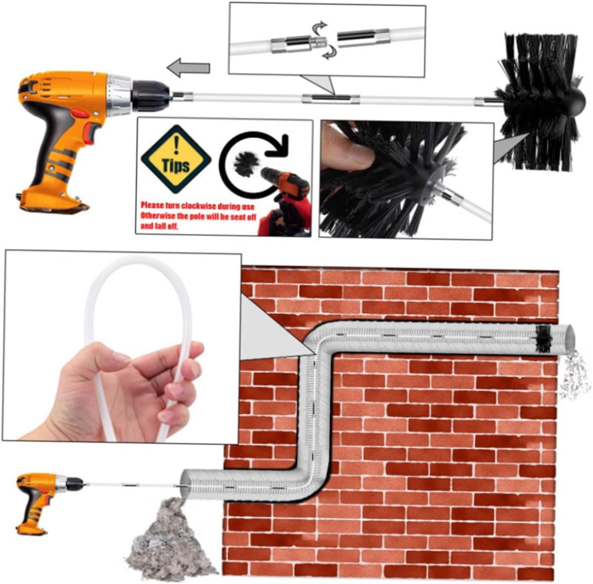 SUPVOX Flexible Chimney Brush Cleaning Kit with 4 Nylon Rods and 1 Brush Head, Dryer Vent Lint Remover for Fireplace, Stove, and Duct Cleaning, 610mm Length, Home Maintenance Tool