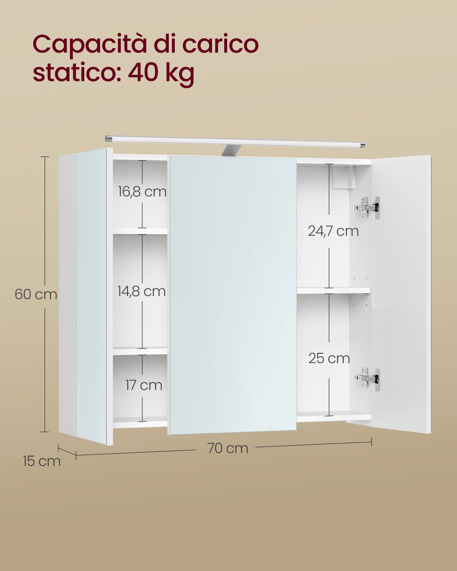 VASAGLE KAILYN Collezione - Armadietto da Bagno Sospeso con 3 Ante a Specchio e Illuminazione, Ripiani Regolabili, Stile Moderno, 15 x 70 x 60 cm, Bianco Nuvola BBK139WB01