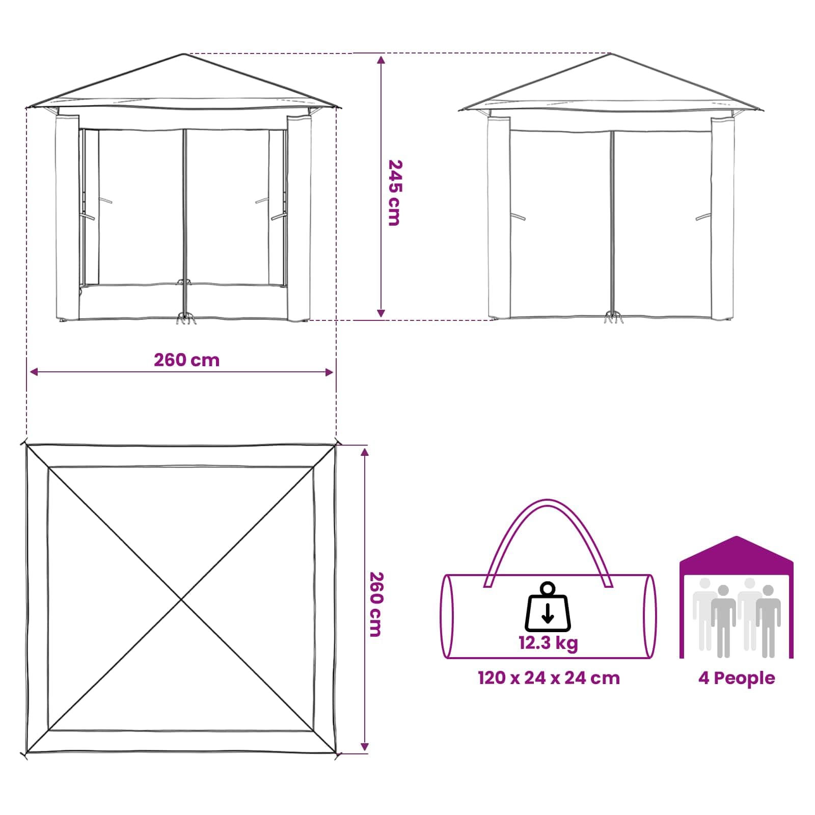 Gazebo namiot ogrodowy 2,6 x 2,6 m z 4 ściankami bocznymi w kolorze jasnoszarym, antracytowym, odporny na warunki atmosferyczne pawilon poliestrowy z regulacją wysokości, ochrona przed