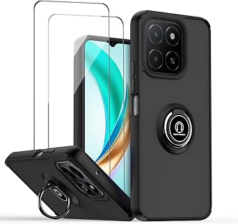 QUIETIP Case Compatible with Honor X5b & X5b Plus with Screen Protector,TPU + Hard PC Magnetic Ring Car Mount Stand Cover,Black